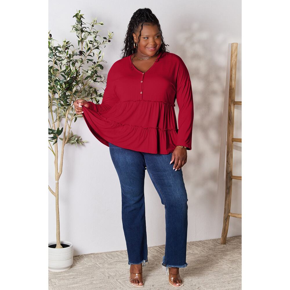 DOUBLE TAKE Burgundy Button Tiered Long Sleeve Casual Top Plus Size 3X NEW - Picture 6 of 6